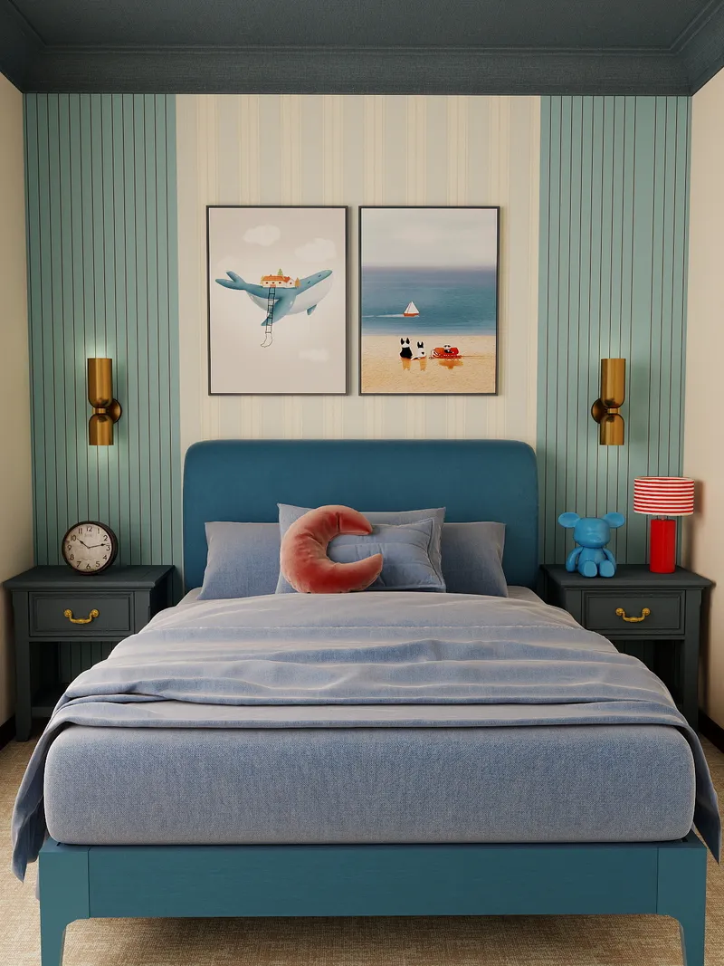 Blue bed with crescent pillow between two dark nightstands and gold wall lights in bedroom