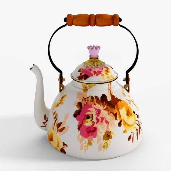 MacKenzie-Childs Wild Rose White 3 Quart Tea Kettle