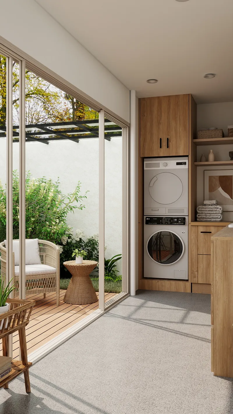 Modern laundry room with stacked washing machine dryer next to outdoor patio featuring wicker chair