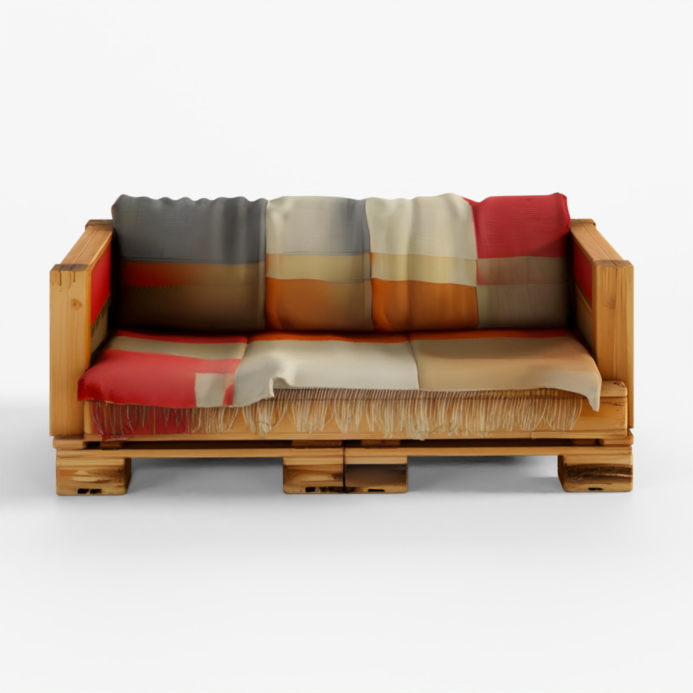 Rustic Pallet Sofa with Patchwork Blanket 3D Model
