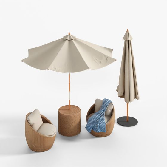 Round Umbrella and Rattan Outdoor Papasan Lounger