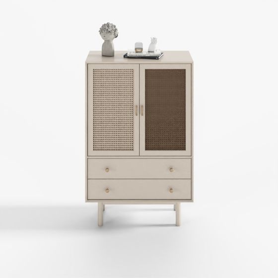 Beige wooden cabinet with rattan doors and drawers on white background
