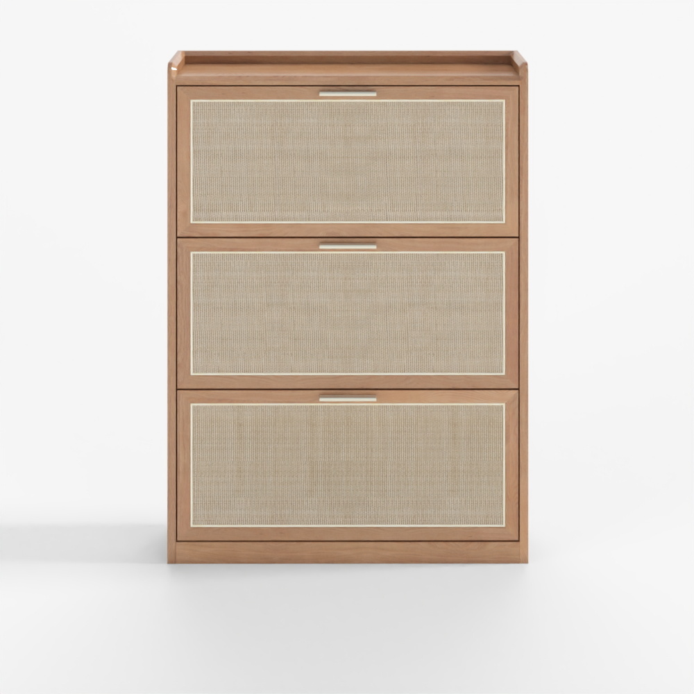 Modern light brown wooden cabinet with three beige woven doors on white background