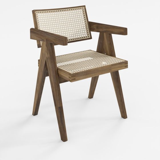 Modern brown wooden armchair with cane seat and backrest on grey background