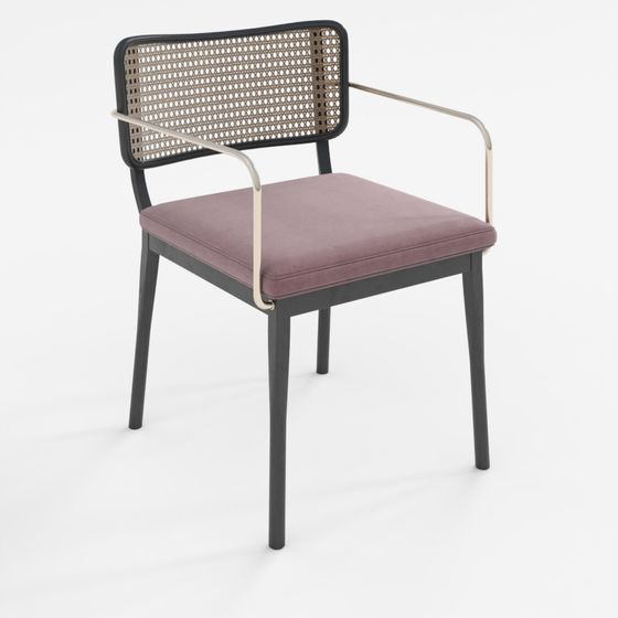 Modern black wood chair with purple seat and gold arms on grey background