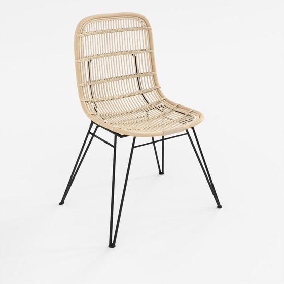 Modern natural rattan dining chair with black metal legs on grey background