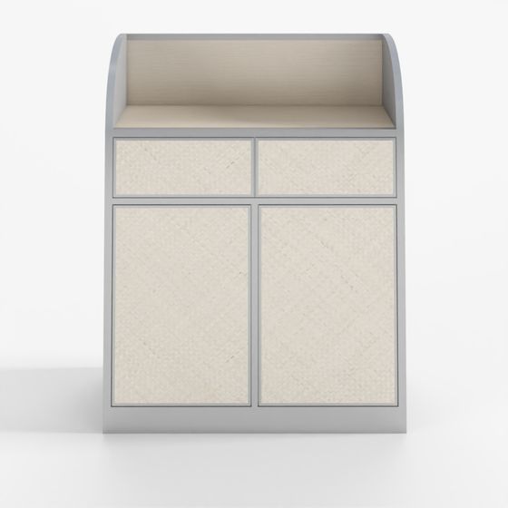 Modern grey cabinet with woven beige doors and open top shelf on white background