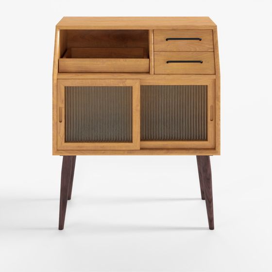 Mid century modern light wood cabinet with fluted doors and dark legs on white background