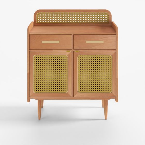 Light wood cabinet with cane doors and drawers on grey background