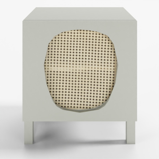 Light grey cabinet with round woven rattan door panel and wooden legs on white background