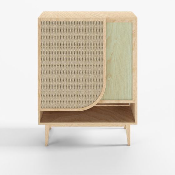 Light wood cabinet with rattan door and open shelf on white background