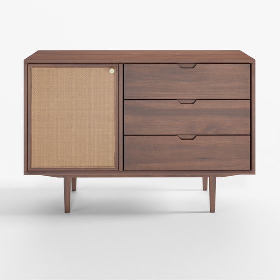 Mid-century modern wooden cabinet with rattan door and drawers on grey background