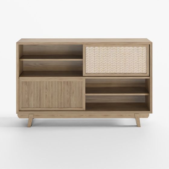 Light wood media cabinet with rattan and slat doors on grey background
