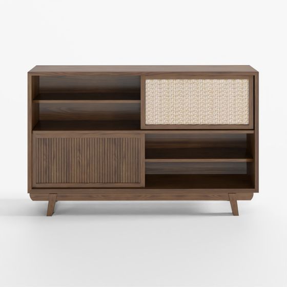 Modern light wood cabinet with woven door and open shelves on grey background