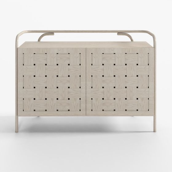 Modern light wood cabinet with woven doors and metal frame on white background