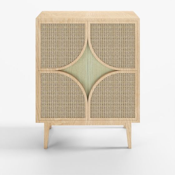 Light wood cabinet with four rattan doors and curved details on grey background