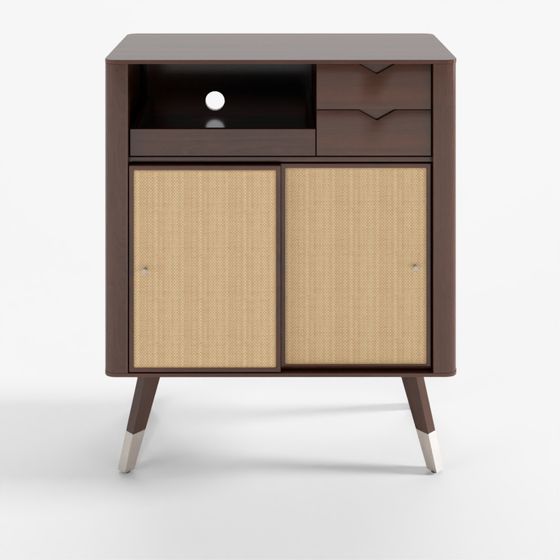 Mid century modern wooden cabinet with rattan doors and drawers on white background