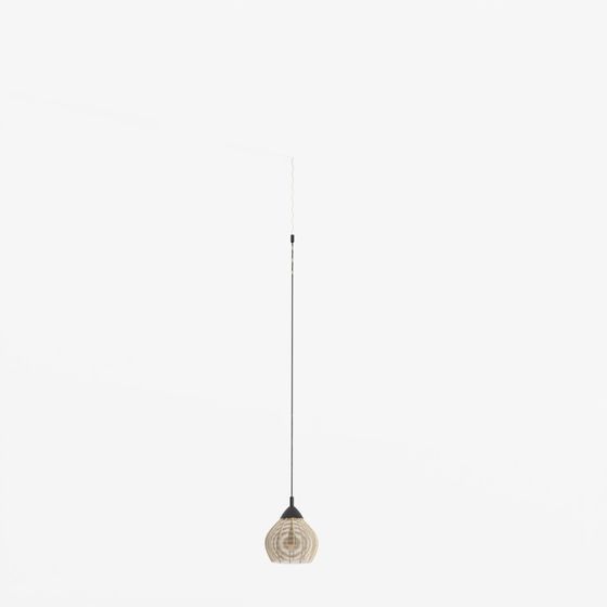 Modern beige woven pendant ceiling light with black cord and matte fixture on white background