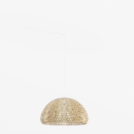 Modern bamboo ceiling light with woven dome shade and white cord on grey background