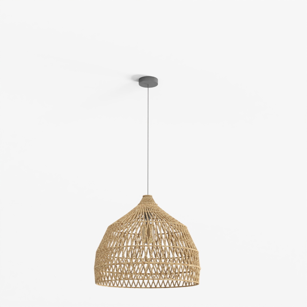 Bohemian woven rattan ceiling light with open lattice design and black cord on white background