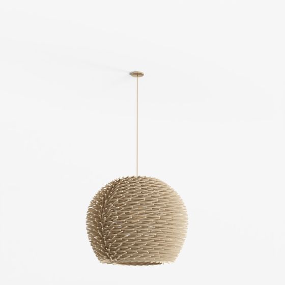 Round woven rattan ceiling light with thin gold rod hanging on grey background