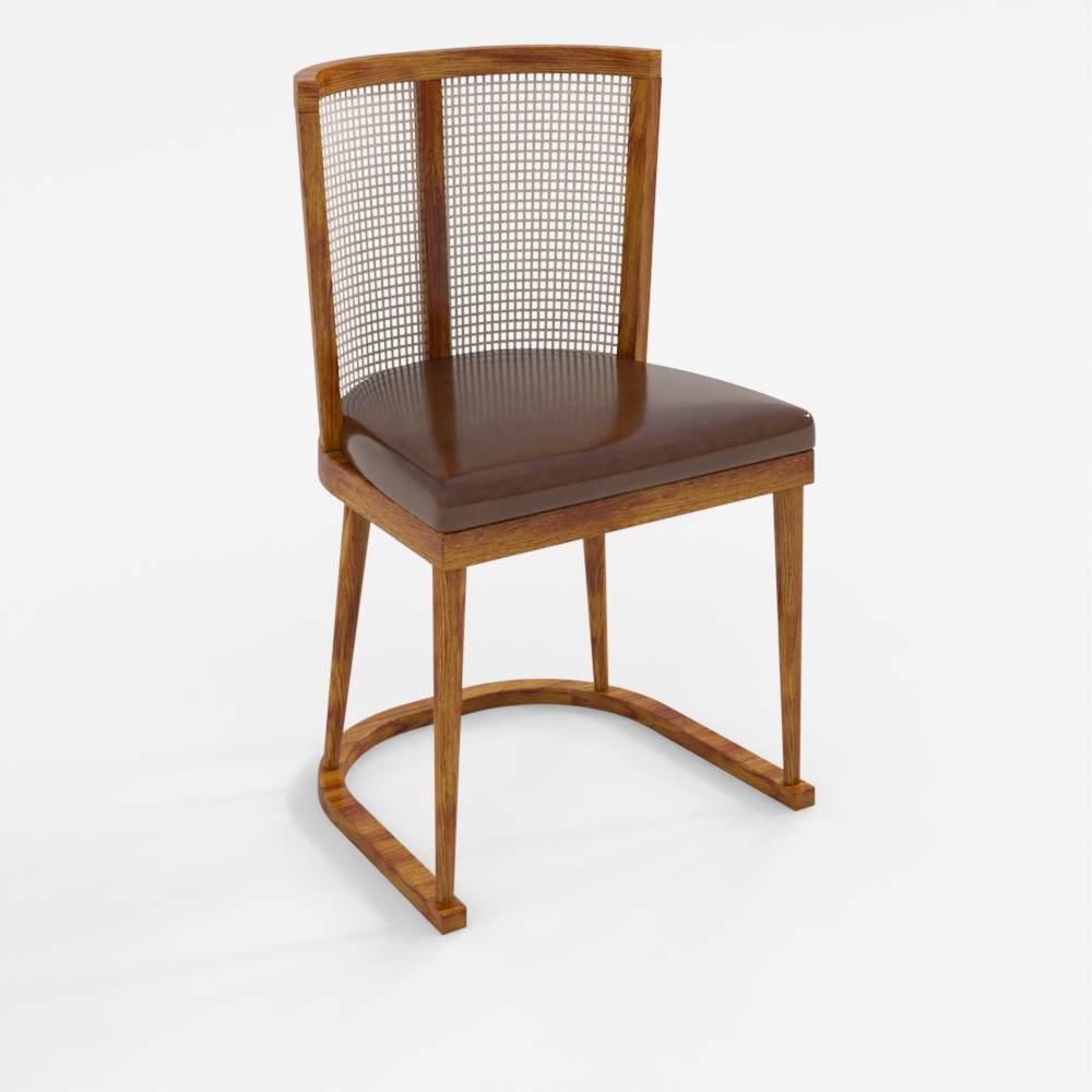 Modern brown wooden dining chair with woven back and leather seat on white background