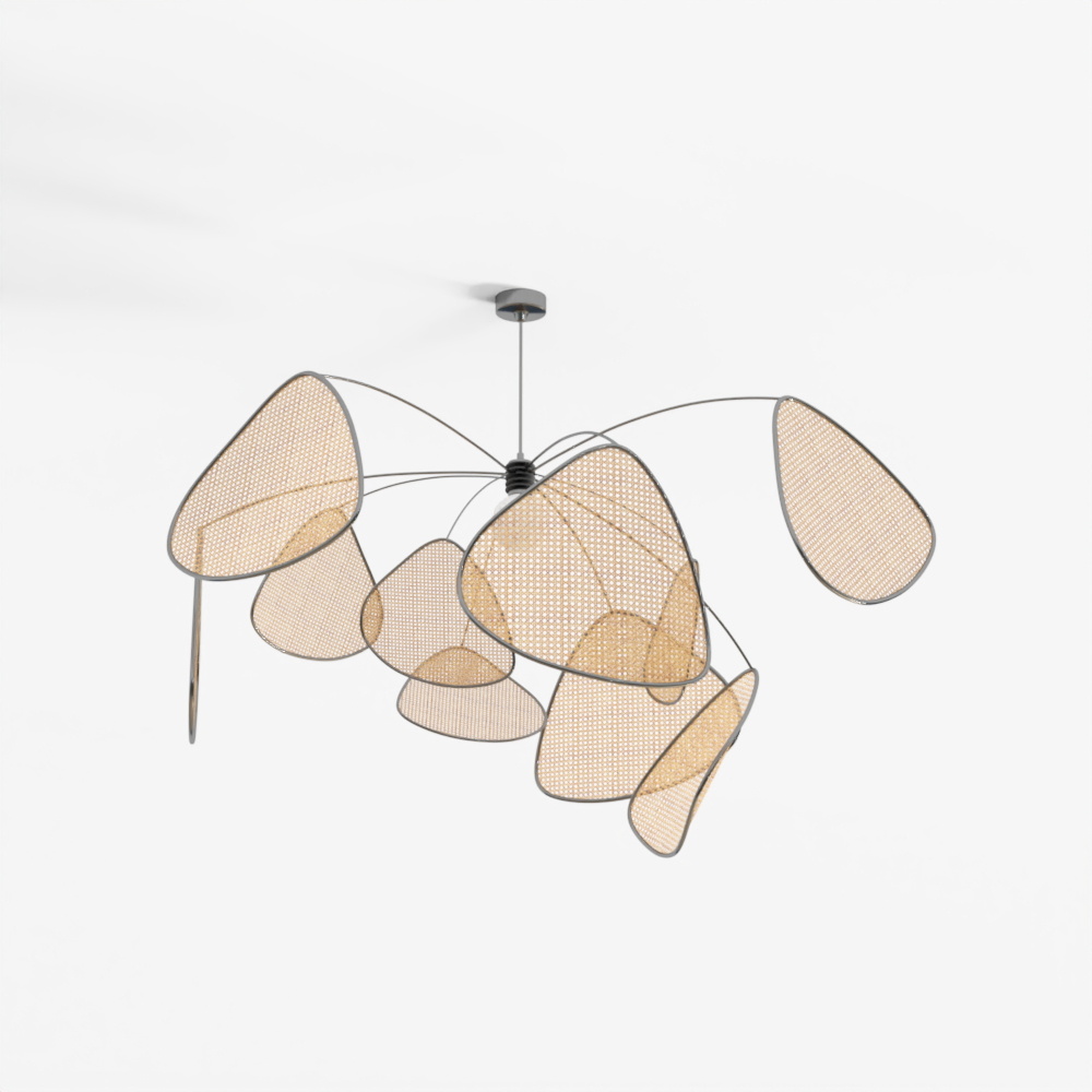 Modern ceiling light with woven rattan leaf shades and black metal frame on white background