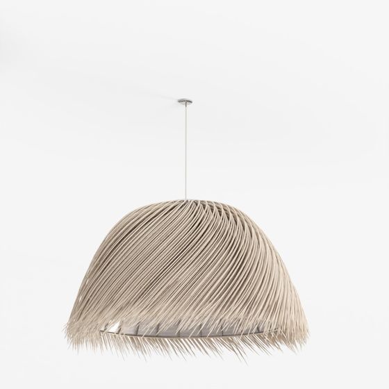 Modern natural wood pendant light with curved shade and metal ring on grey background