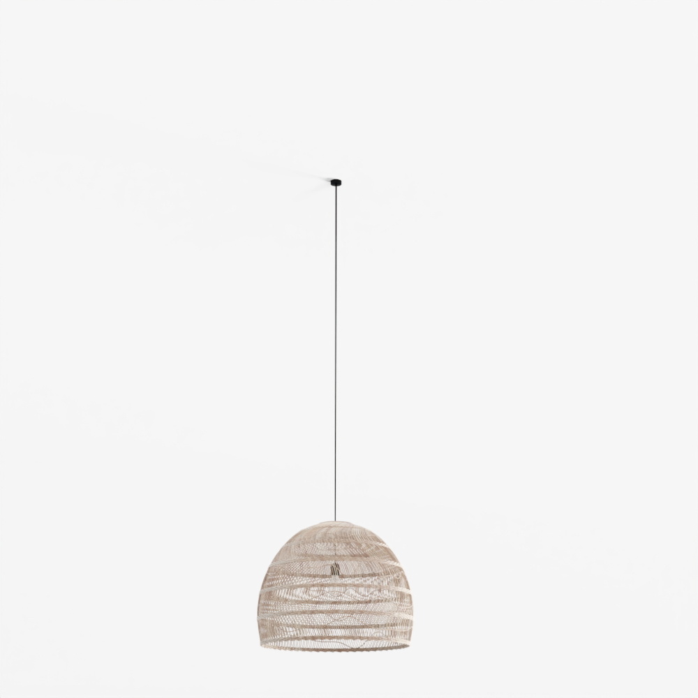 Beige woven dome ceiling light with black cord and textured pattern on white background