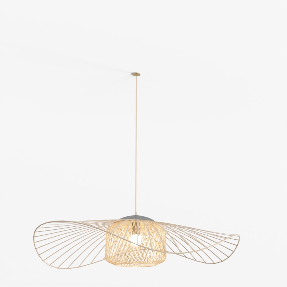 Modern gold metal ceiling light with woven center and wide wings on white background
