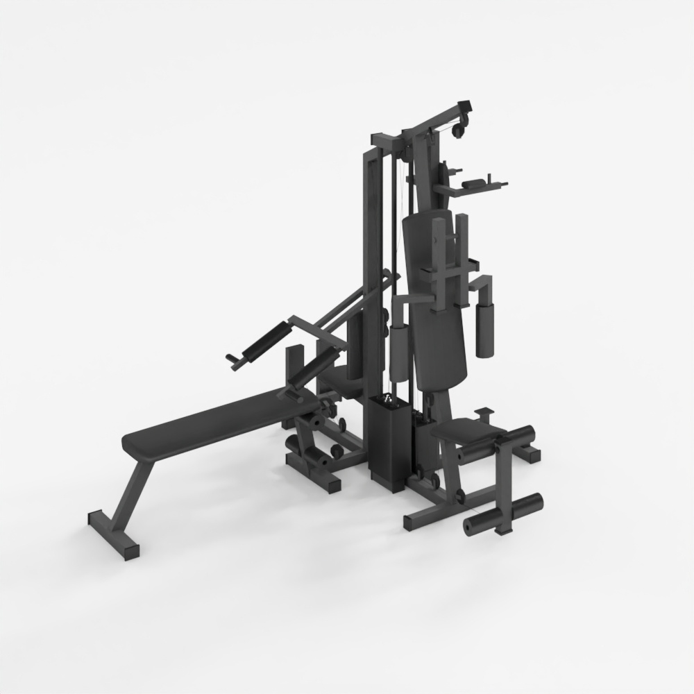 Black metal home gym machine with bench and pulley on white background