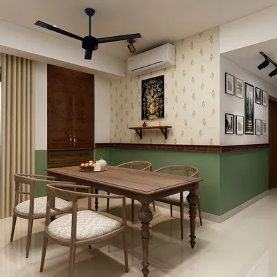 Traditional Wood & Rattan Dining Room - Green Printed Wall Series