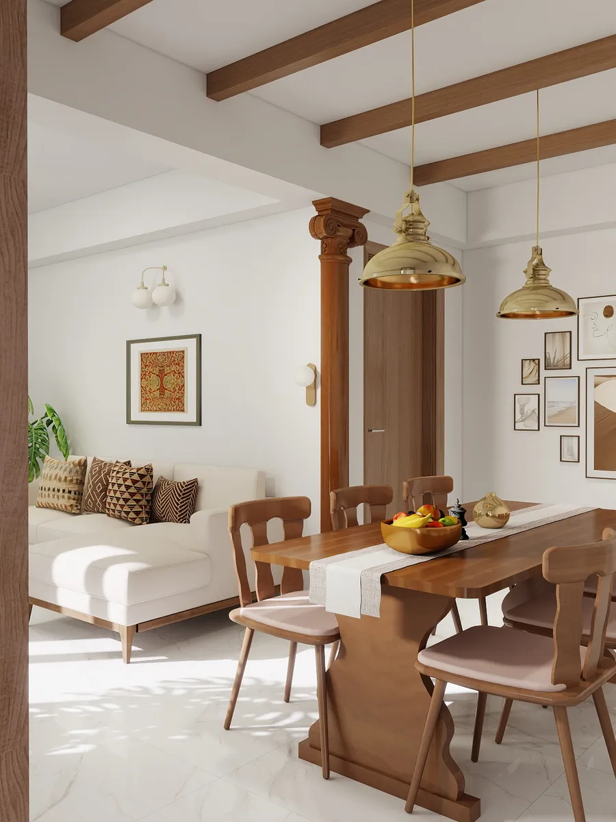 Traditional Column Living & Dining Area - Brass Pendant & Rattan Series