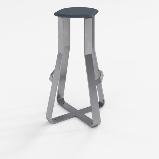 Modern grey metal bar stool with dark grey seat and open frame design on white background