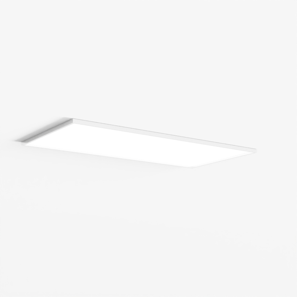 Modern rectangular white ceiling light fixture with slim frame mounted on grey background