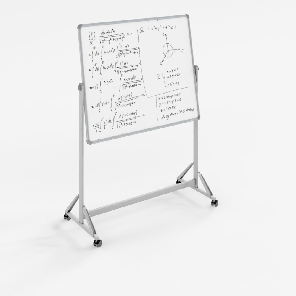 White magnetic board with metal frame and wheels on grey background