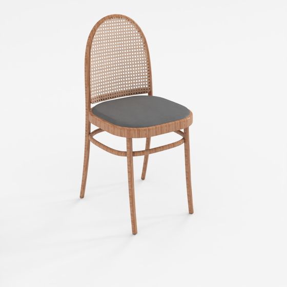 Modern wooden dining chair with grey cushion and cane back on grey background
