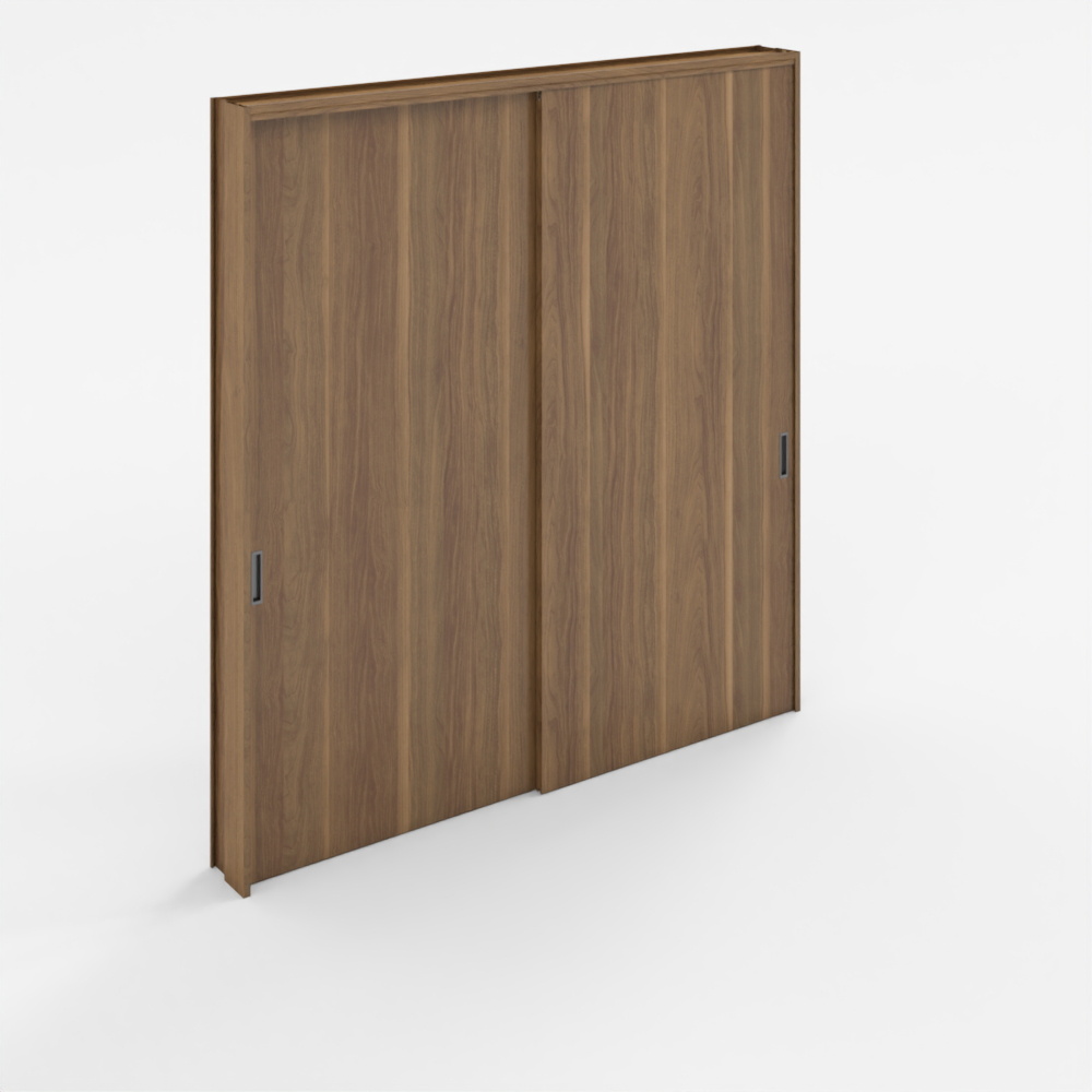 Modern dark brown wooden sliding wardrobe with vertical grain and silver handles on white background
