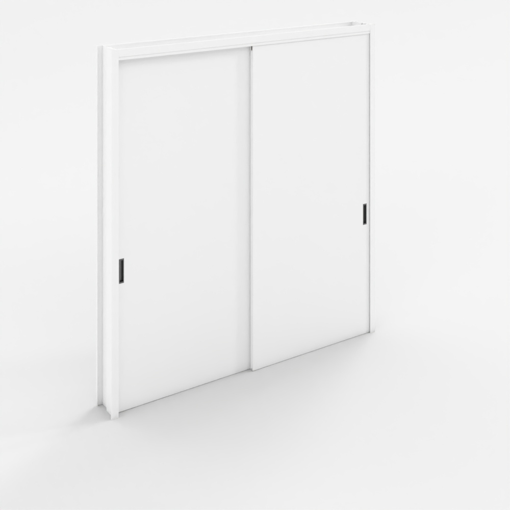 Modern white sliding closet door with two black vertical handles on light grey background