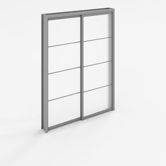 Modern dark grey metal sliding door with clear glass panels on white background