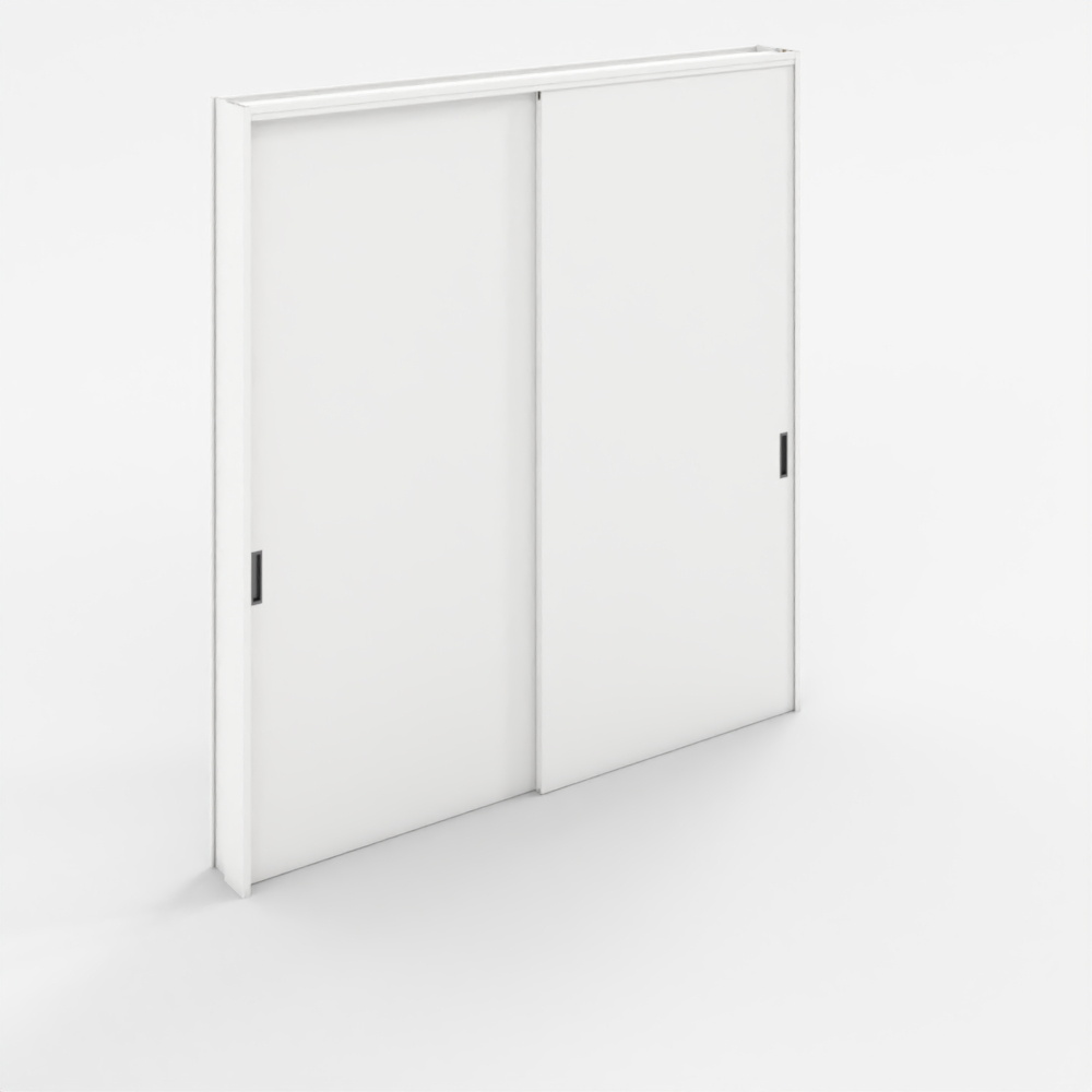 Modern white sliding wardrobe with two doors and black handles on grey background