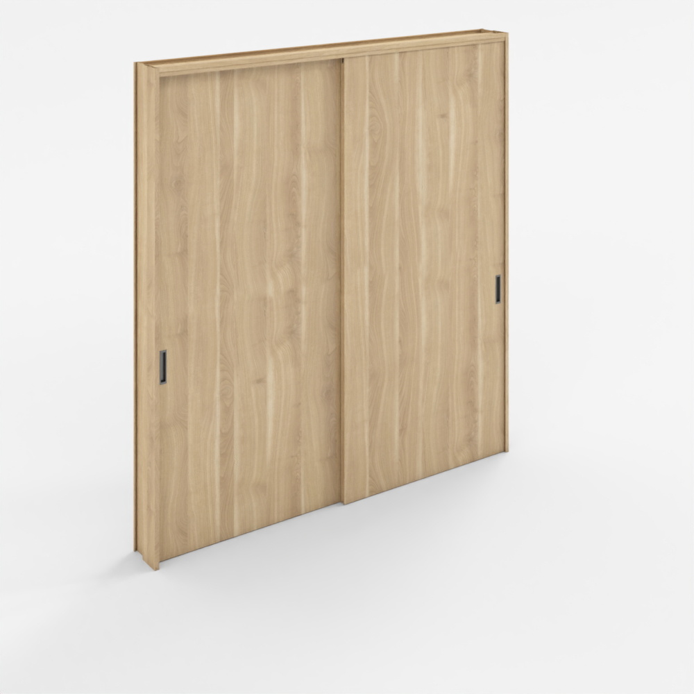 Modern light brown wooden sliding wardrobe with two doors and black handles on white background