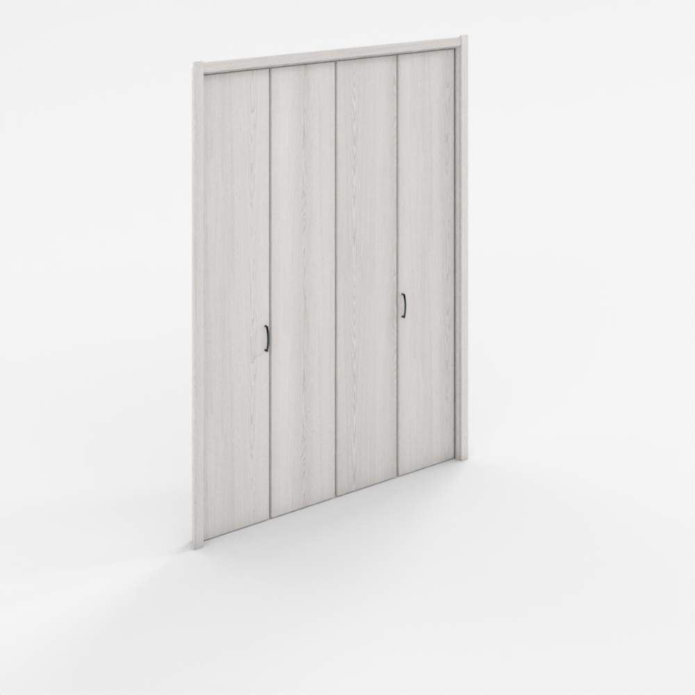 Modern light grey wood sliding wardrobe with black handles on white background