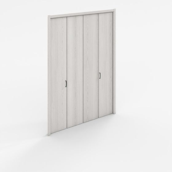 Modern light grey wood sliding wardrobe with black handles on white background