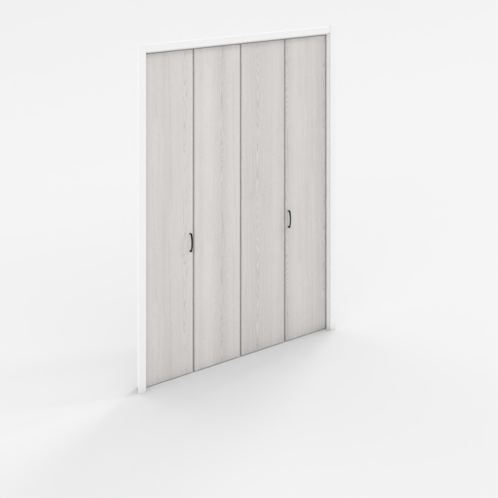 Modern light grey wood finish sliding door wardrobe with black handles on white background