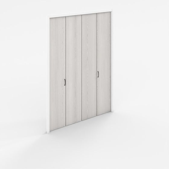 Modern light grey wood finish sliding door wardrobe with black handles on white background