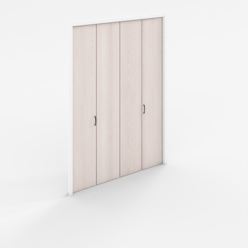 Modern light wood wardrobe with four doors and black handles on white background