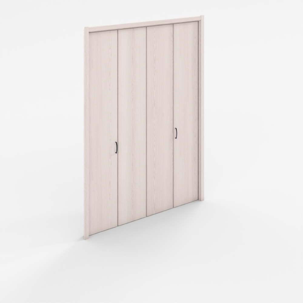Modern light wood wardrobe with four doors and black handles on white background