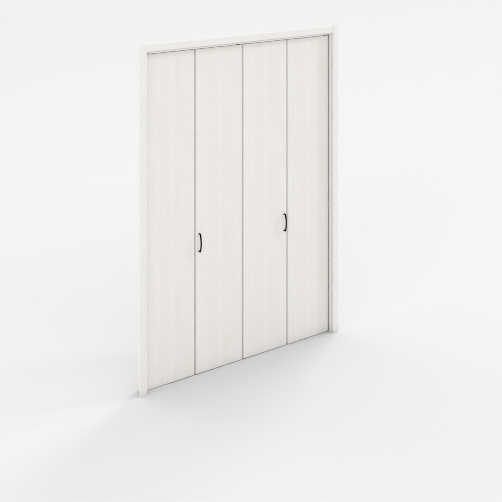Modern white wardrobe with four doors and black handles on light grey background