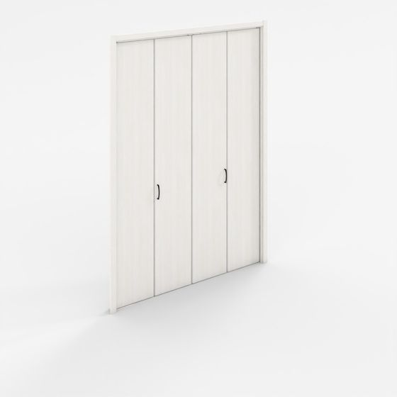 Modern white wardrobe with four doors and black handles on light grey background